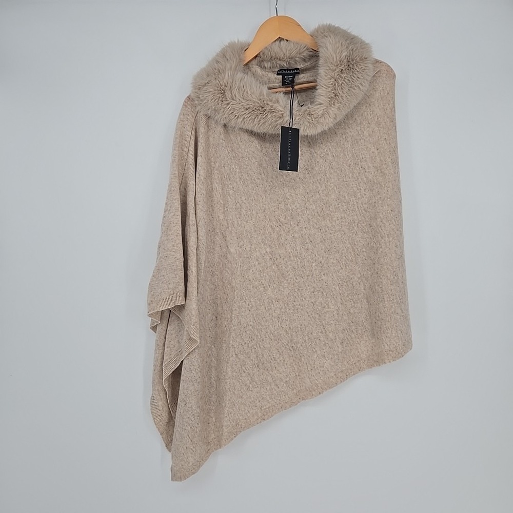 NWT $495 Sofia Cashmere Faux Fox Fur Asymmetrical Poncho OS Wool/Cashmere Beige